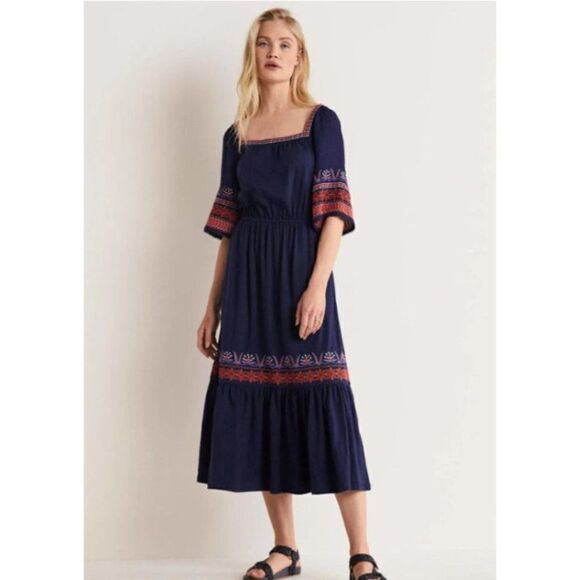 Boden Womens Jersey Embroidered Midi Dress UK 8 US 4 Navy Blue Boho D0263 NWT - Picture 2 of 7